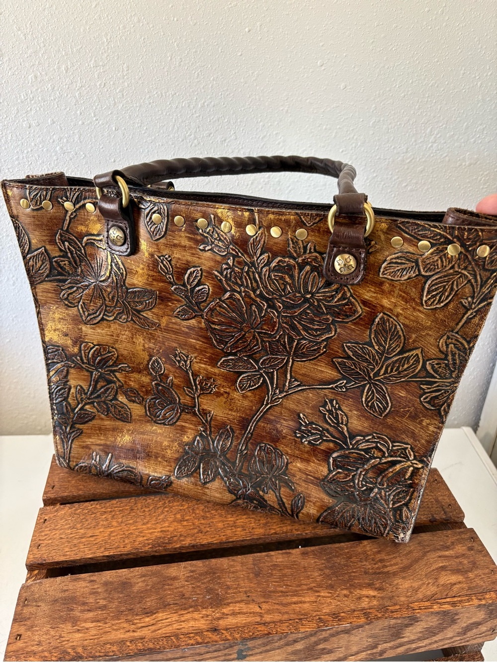Patricia Nash Tooled Rose Floral Leather Tote Bag Brown Studded Shoulder Purse